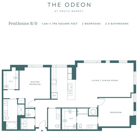 Floor plan for 2 beds, 2.5 baths, 1796 sqft